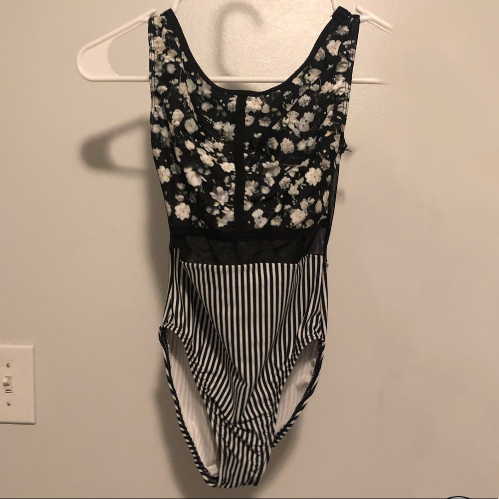 Floral and Striped Dance Leotard with Mesh